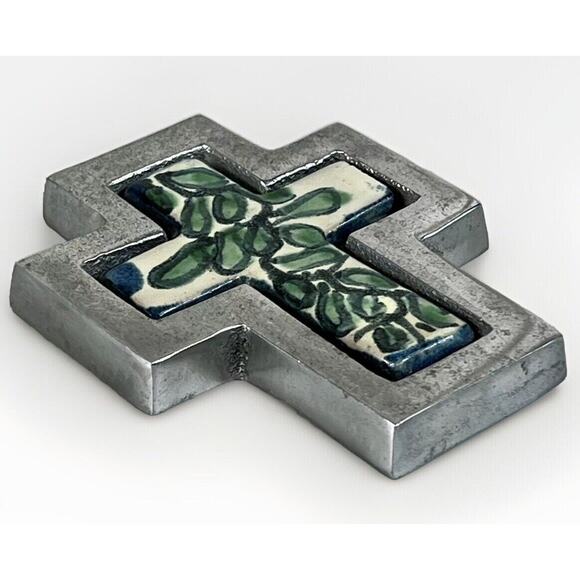 Cruz de Talavera Tile In Pewter Wall Cross - VTG ANN KARY Collectible- Mexico 4” - Picture 2 of 6